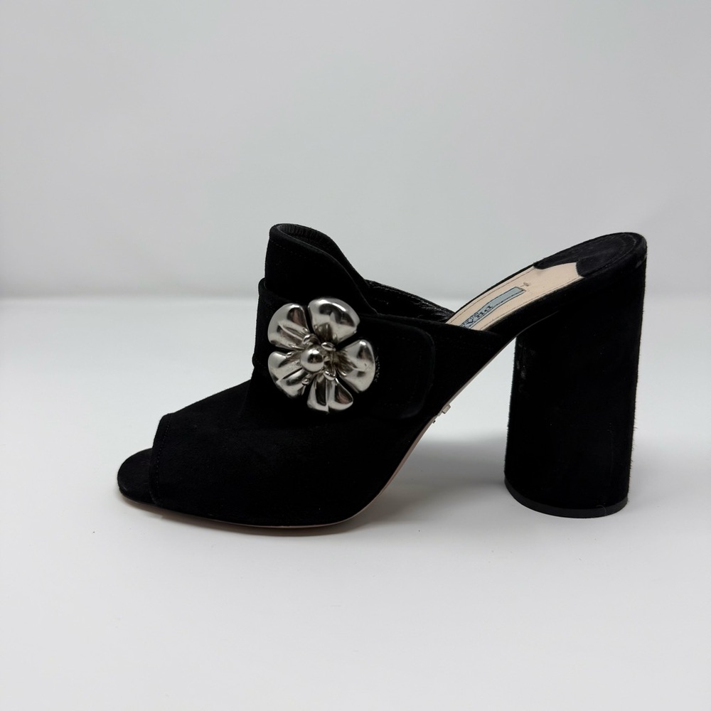 Prada Archival Black Suede Peep Toe Mules - Silver Flower Buckle